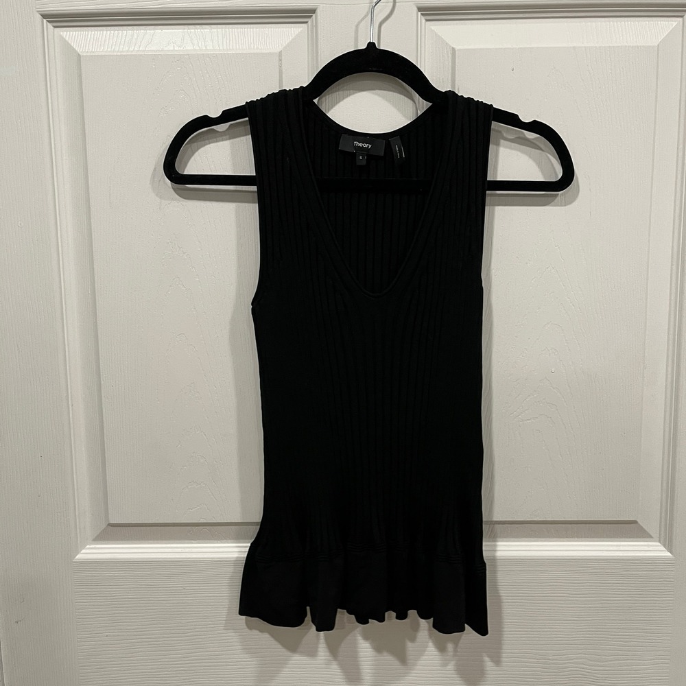 Theory Black Flared peplum Rib Tank Top Sleeveless V-Neck Knit Fitted‎ Size S